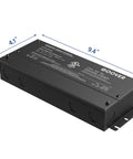 Rugged 150W Dimmable LED Driver With 100-277V AC Input And 12V DC Output, 5 In 1 Dimming, black rectangular unit, dimensions shown