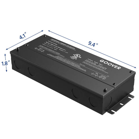 Rugged 150W Dimmable LED Driver With 100-277V AC Input And 12V DC Output, 5 In 1 Dimming, black rectangular unit, dimensions shown