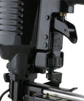 Close-up of Pneumatic 16 Gauge Fencing Stapler's depth adjust and jam release mechanisms, shown in black metal casing.