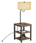 Industrial Floor Lamp With End Table And USB Port Charging Station Power Outlet Built In Rustic Nightstand With Shelves