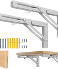 Solid 10 Inch Collapsible Shelf Brackets Built Tough With Brushed Stainless Steel Wall Mount Hinge For Bench Table Space Saving DIY Setup White 2 Pack Holds 150 Lbs Like A Champ with accessories and wood tabletop.