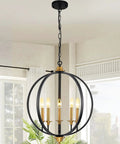 Five Light Farmhouse Pendant Lantern Chandelier In Black With Adjustable Height Chain in modern living room setting, 5 bulbs