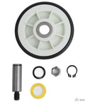 Heavy Duty Drum Rollers With Shafts Replacement Pack For Maytag And Whirlpool Clothes Dryers, includes roller and hardware pieces.