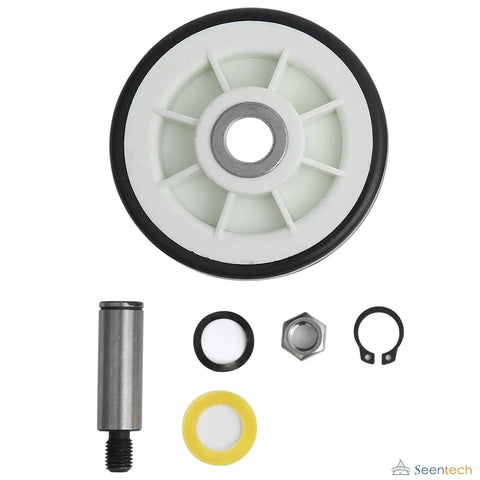 Heavy Duty Drum Rollers With Shafts Replacement Pack For Maytag And Whirlpool Clothes Dryers, includes roller and hardware pieces.