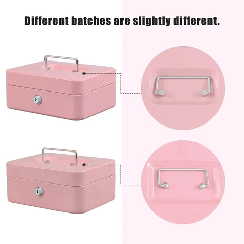 Locking Steel Cash Box With Removable Coin Tray And Key Lock Pink Medium Safe With Handle Variations, Side by Side