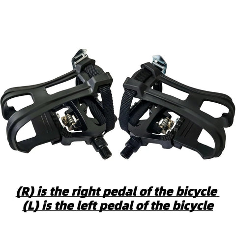 Right and left Dual Sided SPD Clipless Pedals With Toe Clip Straps for Indoor Cycling, three in one system, aluminum CNC body.