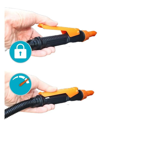 Heavy Duty Portable Fuel Gas Transfer Suction Pump With Adjustable Flow Control Nozzle in hand showing nozzle detail.