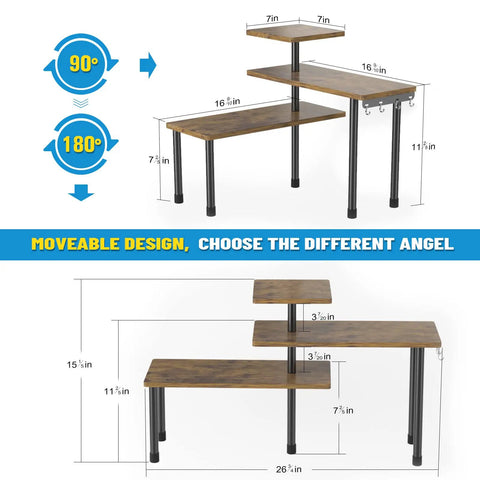 Hella Practical 3 Tier Kitchen Countertop Organizer And Rustic Brown Corner Shelf That Saves Counter Space And Easily Converts To Straight Rack For No Sweat Pantry Sorting dimensions and adjustable angles.