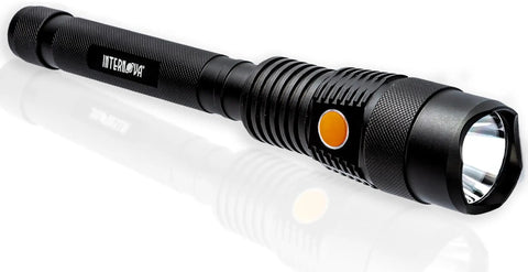 Sentinel 2000 Lumen Rechargeable Flashlight, 10.5-Inch Handheld LED, black aluminum body, USB Cord visible