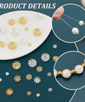 Two Tone Flower Bead End Caps Set With 1260 Pcs Iron Filigree Bead Caps Gold Spacer Beads For Jewelry Making Earrings And Bracelet DIY Supplies Bulk Loose Beads And Caps For Craft Projects displayed on plates and used in jewelry design.