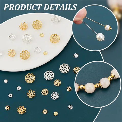 Two Tone Flower Bead End Caps Set With 1260 Pcs Iron Filigree Bead Caps Gold Spacer Beads For Jewelry Making Earrings And Bracelet DIY Supplies Bulk Loose Beads And Caps For Craft Projects displayed on plates and used in jewelry design.