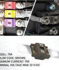 Three Piece Built Tough Bolt On Midi Fuses Featuring Fork Mount Design Rated At 70A High Current Capacity Copper Plated Universal Protector For Street Trucks And Work Haulers, showing 70A fuse in use.