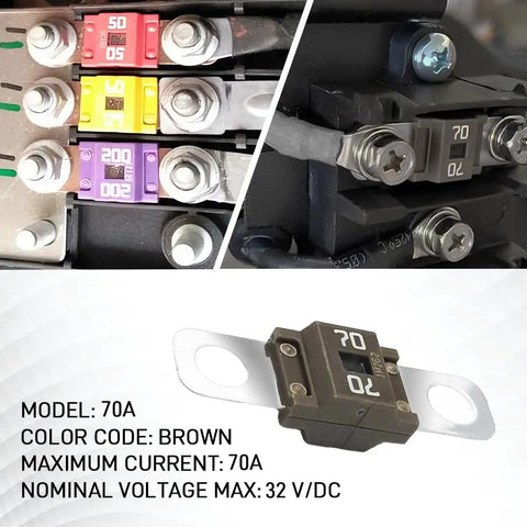 Three Piece Built Tough Bolt On Midi Fuses Featuring Fork Mount Design Rated At 70A High Current Capacity Copper Plated Universal Protector For Street Trucks And Work Haulers, showing 70A fuse in use.