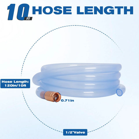 Wadoy siphon hose, 10 ft, 1/2 in valve, translucent blue hose for gasoline/fuel transfer