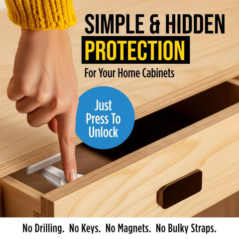 Person unlocking a cabinet with No Drill Needed Cabinet Locks For Baby Proofing 10 Pack Invisible Adhesive Drawer And Cabinet Latches