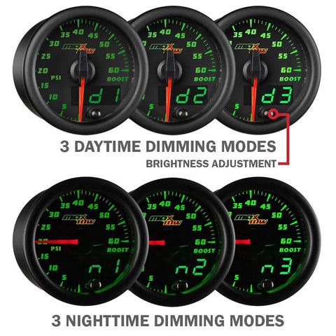 MaxTow Double Vision oil pressure gauge kit; six 2-1/16 in gauges with green LED, analog/digital readouts for trucks.