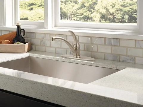 Foundations Brushed Nickel Kitchen Faucet With Single Handle, Modern Three Hole 8 Inch Spread, Brushed Nickel Finish