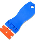 1.5 Inch Plastic Razor Scraper With Ten Double Edged Blades for removing labels shown with one orange blade