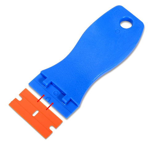 1.5 Inch Plastic Razor Scraper With Ten Double Edged Blades for removing labels shown with one orange blade