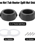 Two black 2-inch spa heater split-nut unions with white gaskets and screws