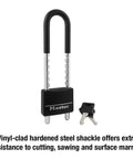Adjustable Shackle Padlock With Key In Black Vinyl Covered Aluminum Body Scratch And Corrosion Resistant Hardened Steel Shackle 5 Pin Cylinder Dual Locking