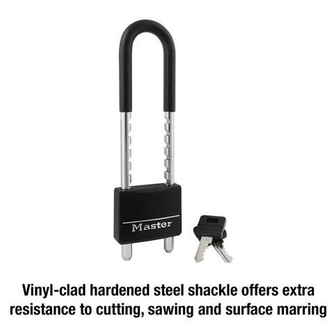 Adjustable Shackle Padlock With Key In Black Vinyl Covered Aluminum Body Scratch And Corrosion Resistant Hardened Steel Shackle 5 Pin Cylinder Dual Locking