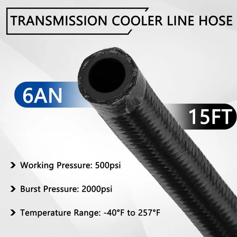 Close-up of 6AN Automatic Transmission Cooler Kit 15ft nylon braided hose for 4L60E and 4L65E illustrating pressure and temperature specs.