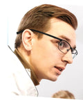Side view of a man wearing glasses, focusing on the eyewear temple and lanyard feature of the Eyewear Repair Kit With Replacement Temple Arms Screws And Lanyard For Glasses, Quick And Easy Eyeglass Frame Fix Kit, DIY Repair Tools For Eyewear Models.