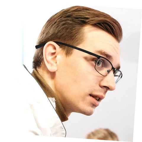 Side view of a man wearing glasses, focusing on the eyewear temple and lanyard feature of the Eyewear Repair Kit With Replacement Temple Arms Screws And Lanyard For Glasses, Quick And Easy Eyeglass Frame Fix Kit, DIY Repair Tools For Eyewear Models.