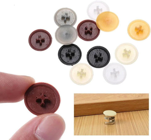 100 Piece White Screw Cap Covers Kit For Phillips And Self-Tapping Screws 11mm Hole Caps shown in assorted colors, including installed example