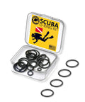 Scuba O Ring Kit 30 Pack for Regulator, Valve, and Hose Repairs, Nitrox O2 Compatible in open box with scattered rings