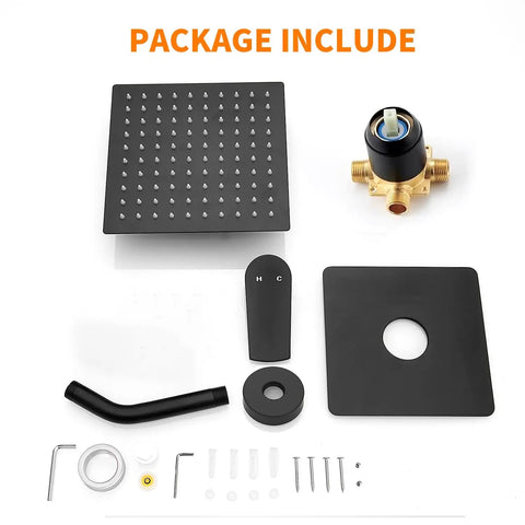 Slick Black Shower Faucet Trim Kit With Heavy Duty Rough In Valve Set Featuring 8 Inch Square Stainless Steel Rainfall Head For Top Tier Bathroom Renovations And Badass High Pressure Water Flow Daily