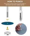 Pro-Grade Leather Rivets Kit With 480 Pieces In 3 Sizes And 4 Colors showing punch tool and demonstration on fabric.