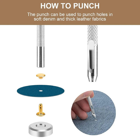 Pro-Grade Leather Rivets Kit With 480 Pieces In 3 Sizes And 4 Colors showing punch tool and demonstration on fabric.