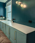 Modern kitchen with cabinets featuring Six Pack Modern Cabinet Pulls In Light Brushed Brass Center To Center Seven And Nine Sixteenths Inches.