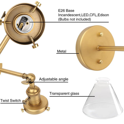 1 Light Wall Mount Sconce With Funnel Flared Clear Glass Shade Handblown Glass Lampshade Dope Industrial Antique Gold Finish