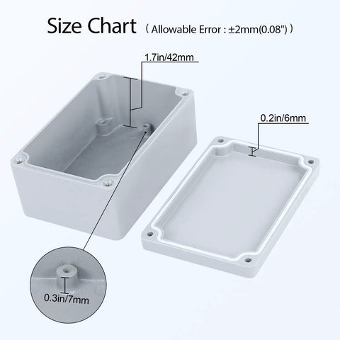Rugged Aluminum Electrical Box Junction Case IP67 Waterproof Outdoor Enclosure Dustproof Project Box 4.7 By 3.1 By 2.1 Inches For Outdoor Electrical Installations Weatherproof Metal Box With Tight Sealing, size chart with open base and lid