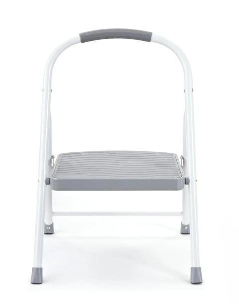 One Step Steel Folding Step Stool With Hand Grip And Traction Molded Steps, White, front view showing hand grip and step
