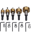Top Rated 5 Piece Hole Saw Bit Kit Made With High Carbon Steel And Ti Coating For Drilling Clean Holes In Wood Steel Aluminum Plastic Plus Hex Wrench And Spring Included For All Your DIY Projects. 5-piece hole saw bit set with hex wrench and springs