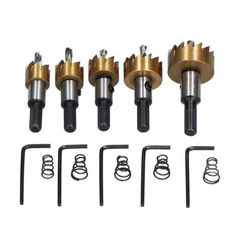 Top Rated 5 Piece Hole Saw Bit Kit Made With High Carbon Steel And Ti Coating For Drilling Clean Holes In Wood Steel Aluminum Plastic Plus Hex Wrench And Spring Included For All Your DIY Projects. 5-piece hole saw bit set with hex wrench and springs