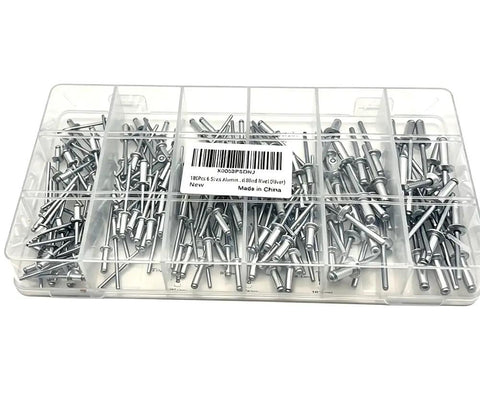 180 Piece Aluminum Blind Rivets Kit With Six Sizes Dome Head Pop Rivets, Silver Finish, Steel Mandrel