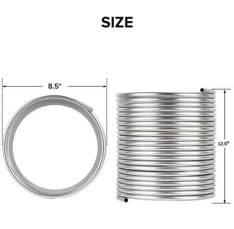 1/2 in x 50 ft 304 SS tubing coil for wort chiller; front circle 8.5 in dia, side stacked coil 12.5 in tall