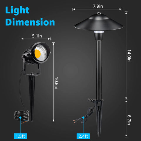 Dimensions of Low Voltage Landscape Lighting Kit 12V with 8 Path Lights and 4 Spotlights, aluminum, waterproof, patio yard garden use.