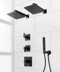Slick Matte Black Hibiscus Thermostatic Shower System With 1.8 GPM Flow Control two rain shower heads and handheld sprayer.