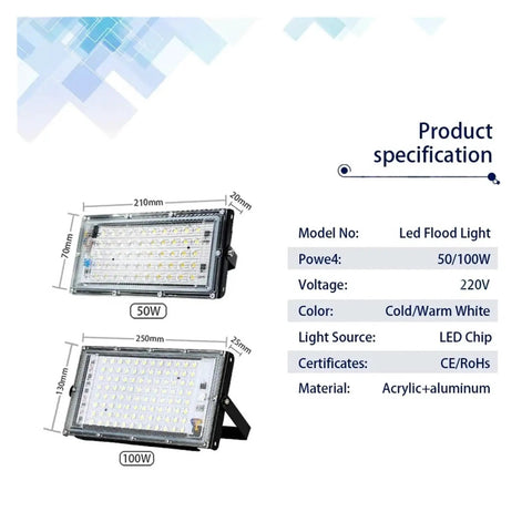 JUDYSSY Led Flood Light Ac220 50W 100W Led Street Lamp Waterproof Landscape Lighting Ip65 product specifications with sizes and materials.