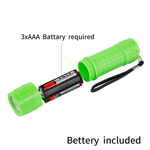 Green 30 Pack Mini LED COB flashlight with open battery compartment showing included batteries, pocket-size EDC light.
