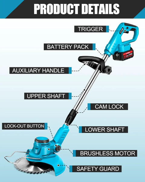 Cordless Weed Wacker With 1300W Brushless Motor Delivers Up To 23000 RPM Includes 4 Blade Types Lightweight Grass Trimmer And Brush Cutter