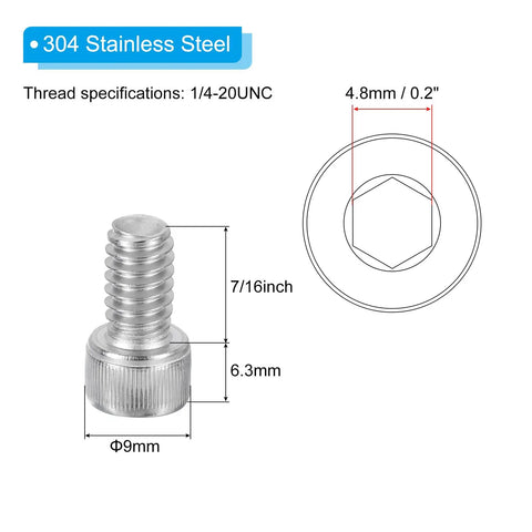 Hex Socket Cap Head Screws Set, 304 Stainless Steel, 1/4-20 X 7/8 Inch, detailed measurements