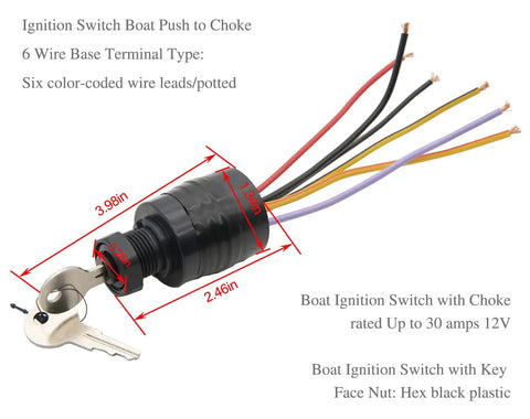 Boat Ignition Switch With Key Push To Choke 6 Wire Base Marine Grade Corrosion Resistant Includes 2 Keys And 6 Wire Connectors