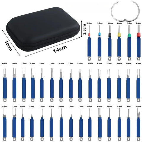 36 Piece Terminal Pin Removal Tool Kit with blue handles and black case for electrical connectors and wire extraction tasks